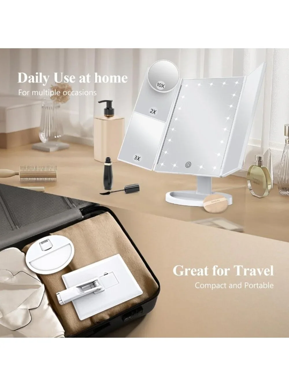 Trifold LED Makeup Mirror with 2X/3X/10X Magnification, Touch Dimming, Dual